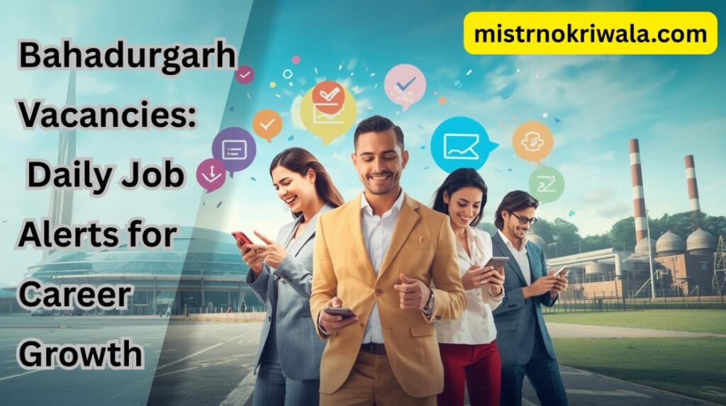 Diverse jobseekers smiling and checking their phones in front of Bahadurgarh industrial and office backdrop, with job alert icons, and mistrnokriwala.com branding.