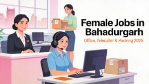 Female jobs in Bahadurgarh 2025 showing women in office receptionist, telecaller and light packing work opportunities