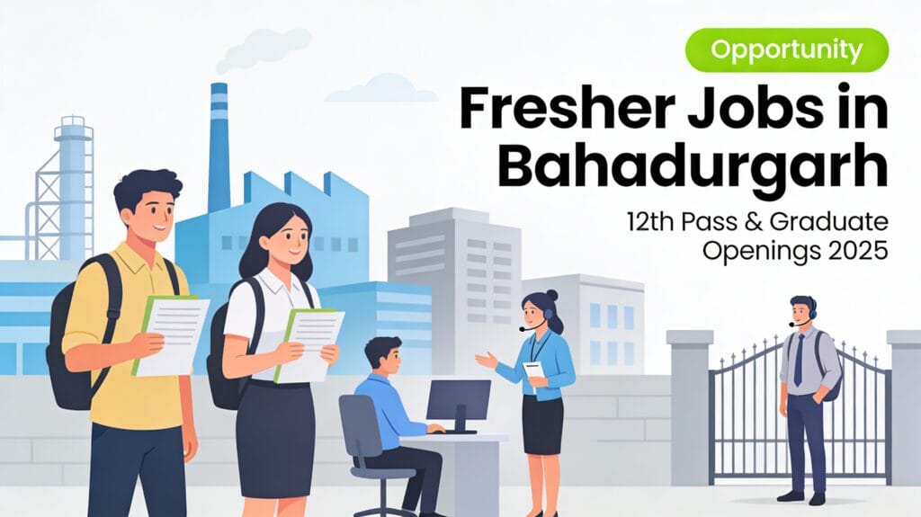 Fresher jobs in Bahadurgarh 2025 showing young 12th pass and graduate candidates applying for factory and office jobs