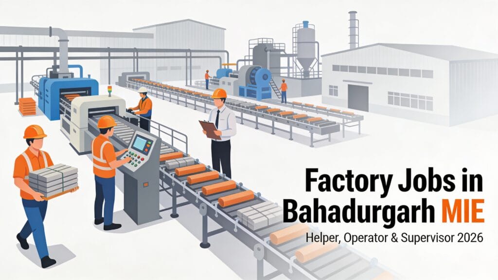 Factory jobs in Bahadurgarh MIE area 2026 showing helper, machine operator and supervisor roles in industrial production line