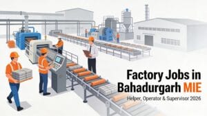 Factory jobs in Bahadurgarh MIE area 2026 showing helper, machine operator and supervisor roles in industrial production line